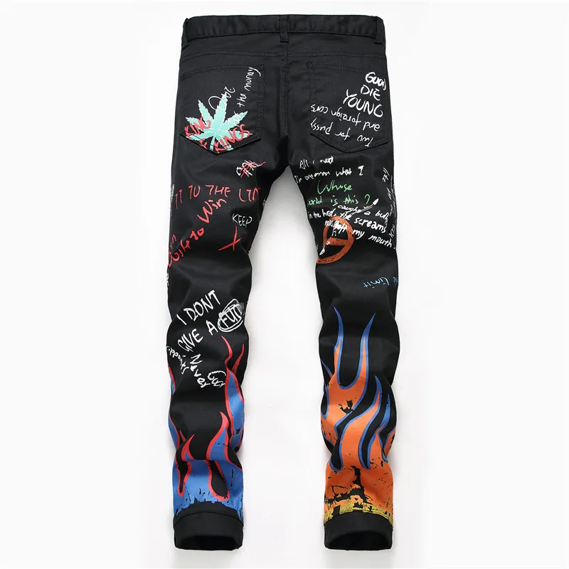 High Street Print Graffiti Jeans Men Loose Hip-hop Harajuku Skinny Sport Pants Casual Trend Straight Long Black Jean Pants Male