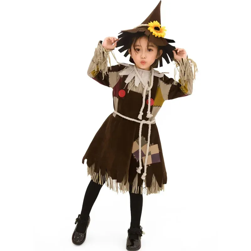 Costumi di Halloween per ragazze Cosplay Costume da spaventapasseri per bambini Abito con toppe di zucca Abito da festa per spettacoli teatrali per bambini