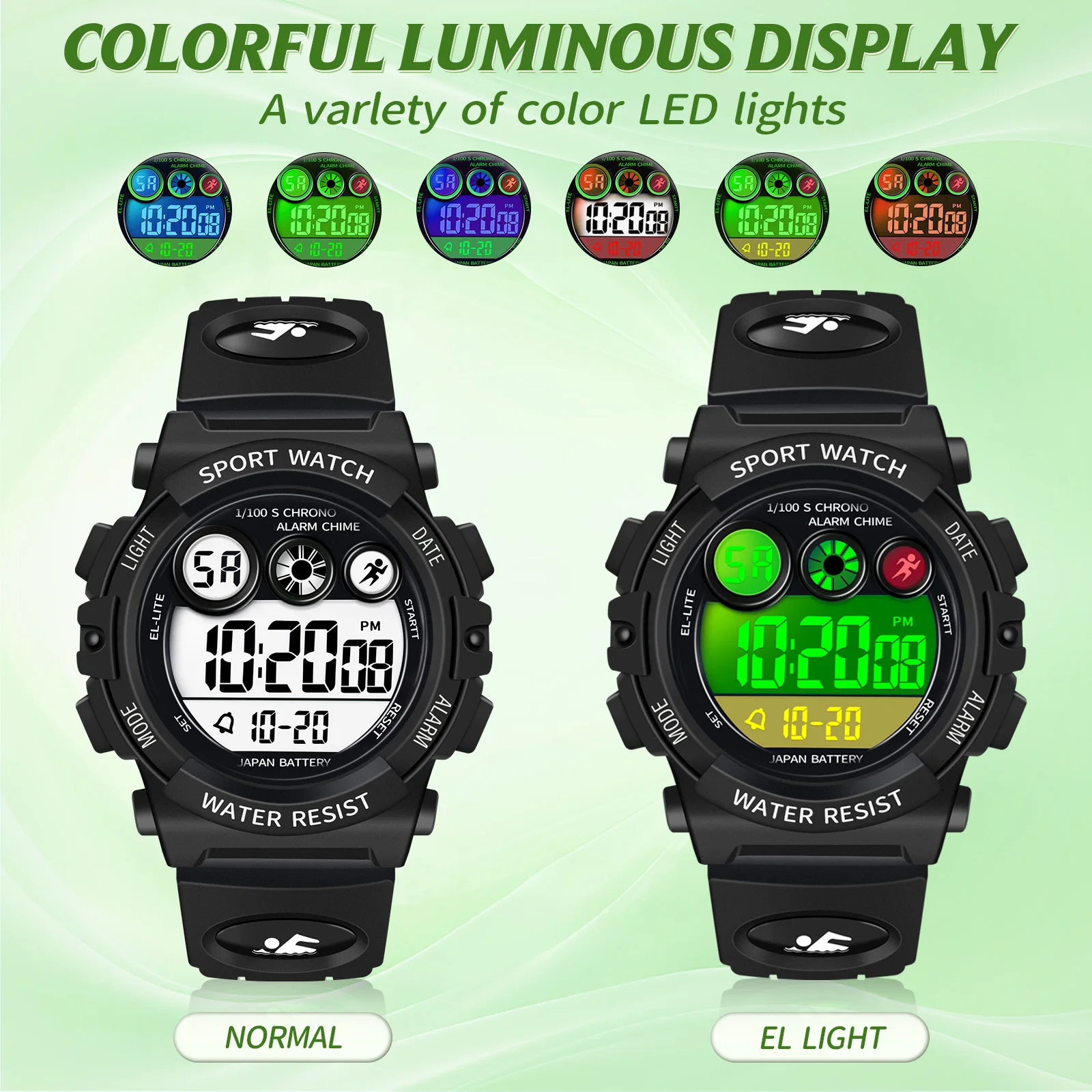 Children's watch, digital outdoor sports waterproof boys' watch, 12/24-hour alarm clock, 7-color backlight stopwatch, bracelet.