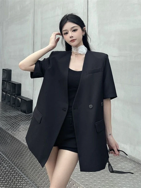 

Women's Summer 2025 Casual Loose Drapey ort Sve Suit Jaet Thin Design Sense Commute Sle V-ne Regular Length Pure C...