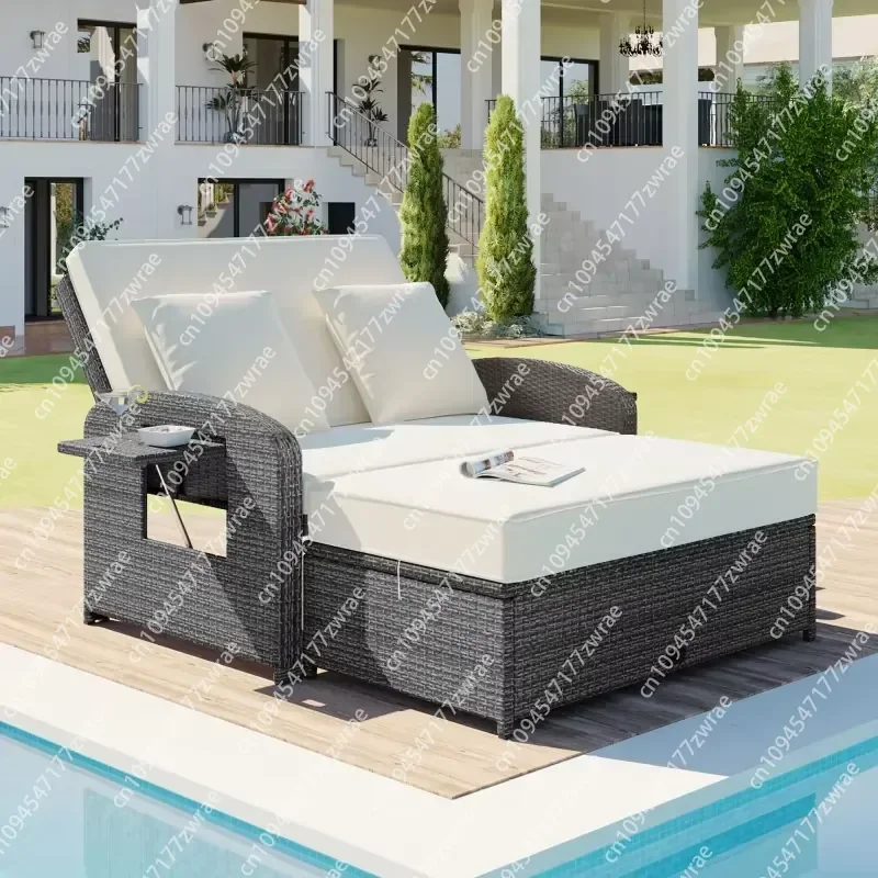 High Quality White Wicker Rattan Adjustable Back Double Chaise 2-Person Reclining Daybed Outdoor Lounge Chair for Poolside