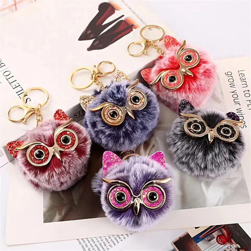 Cute Fluffy Pompom Owl Keychain Big Eyes Sequins Keyring Charms Bag Pendant Car Trinket Best Gift Key Ring Accessories