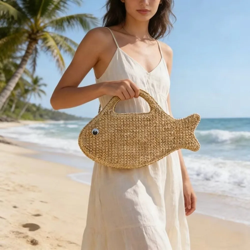 

Casual Large Capacity Woven Bag Knit Straw Fish Shaped Handbag Eco-Friendly Lightweight Shopping Bag Spring Summer