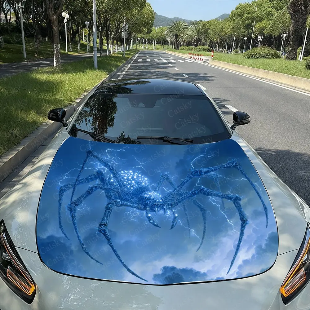 

Blue Fluorescent Spider Car Hood Vinyl Wraps, PVC Waterproof Car Bonnet Decals, Self-Adhesive Scratch-Resistant Stickers For Eng