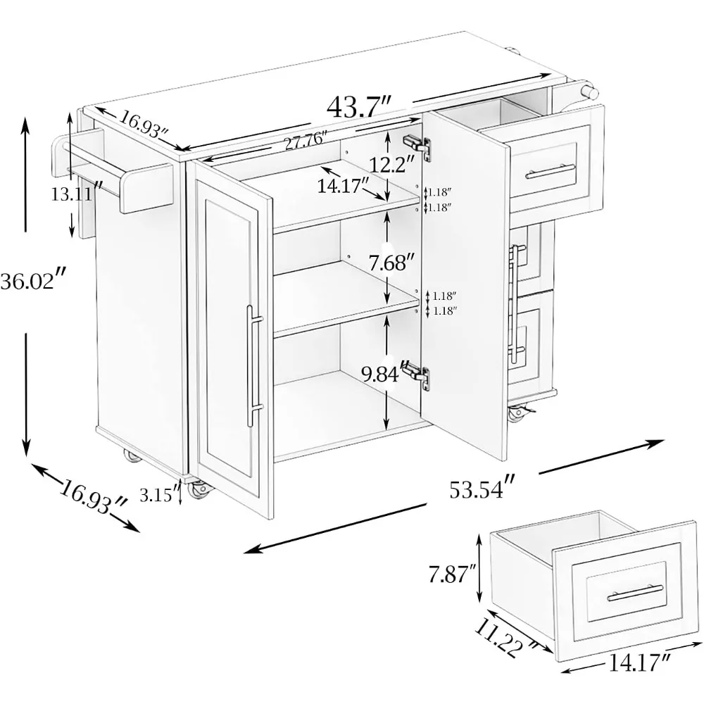 Kitchen Island Cart on Wheels, Drop-Leaf Kitchen Cart with Storage Cabinet and Drawers Trolley with Towel Rack & Bottle Rack