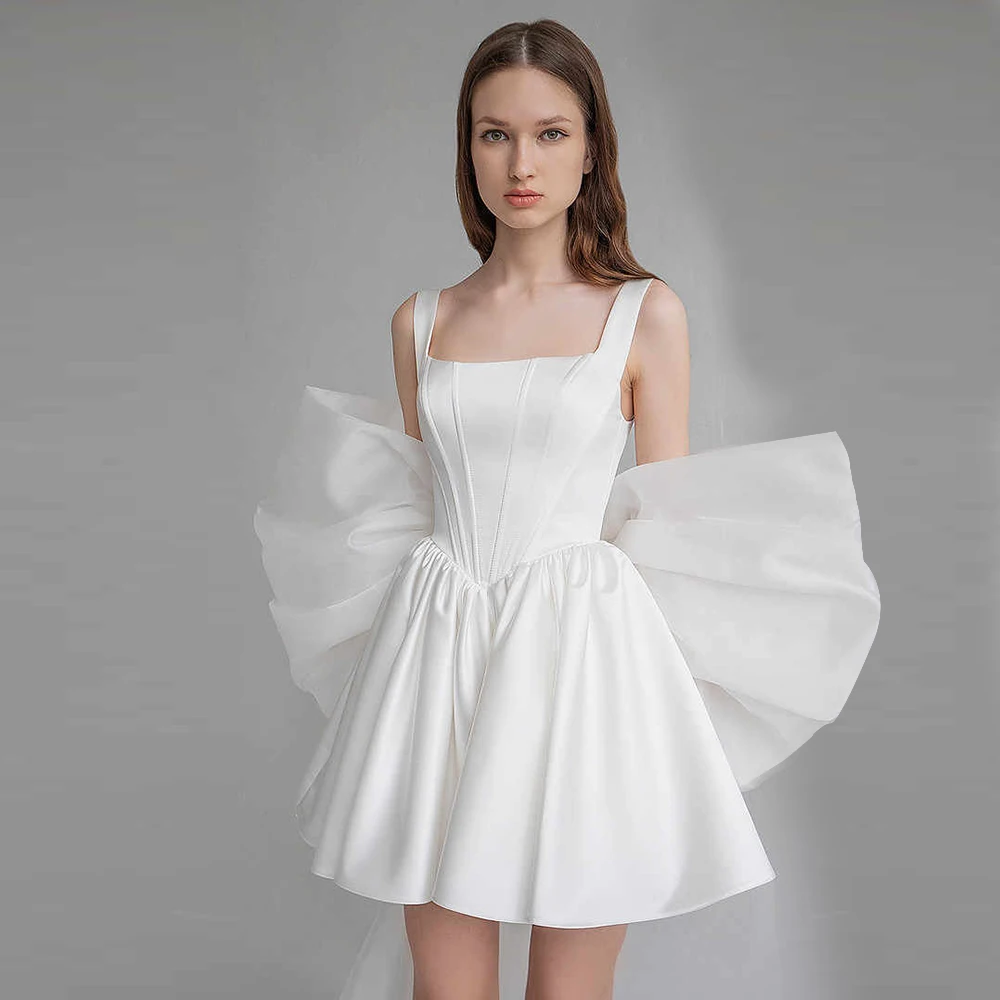 

Satin Mini Wedding Dress Ball Gown A-Line Square Neck Backless Above Knee's Wedding Dresses with Bowknot for Bride Bridesmaid