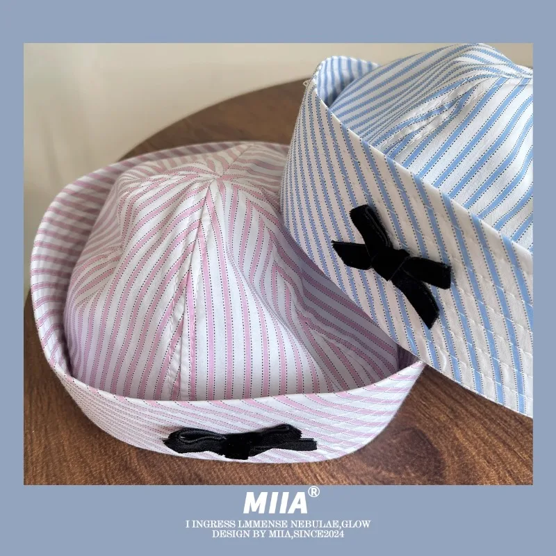 Japanese Sweet Striped Bow Decoration Jk Sailor Hat Spring and Summer Cute Flanged Versatile Dome Beret Cap Casquette Femme