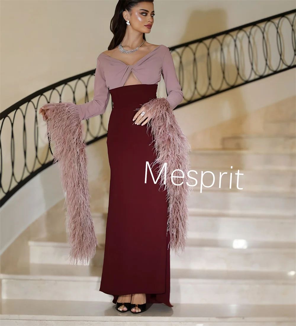 Customized Chinese Style Jersey Pleat Feather Straight V-neck Long Dresses Bespoke Occasion Dresses Intricate