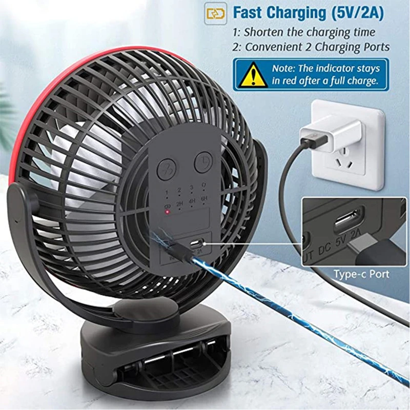 10000mAh Chargeable Clip Fan Electric Table Cooling Ventilator Portable Camping Ceiling Fan 720° Rotation 4 Gears Air Circulator