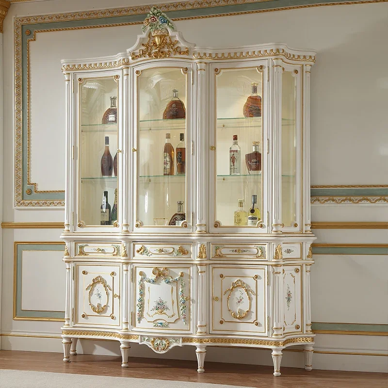 European Style Luxury High Quality Wooden And Glass Handmade Carving Classical Living Room White Wine Cabinet