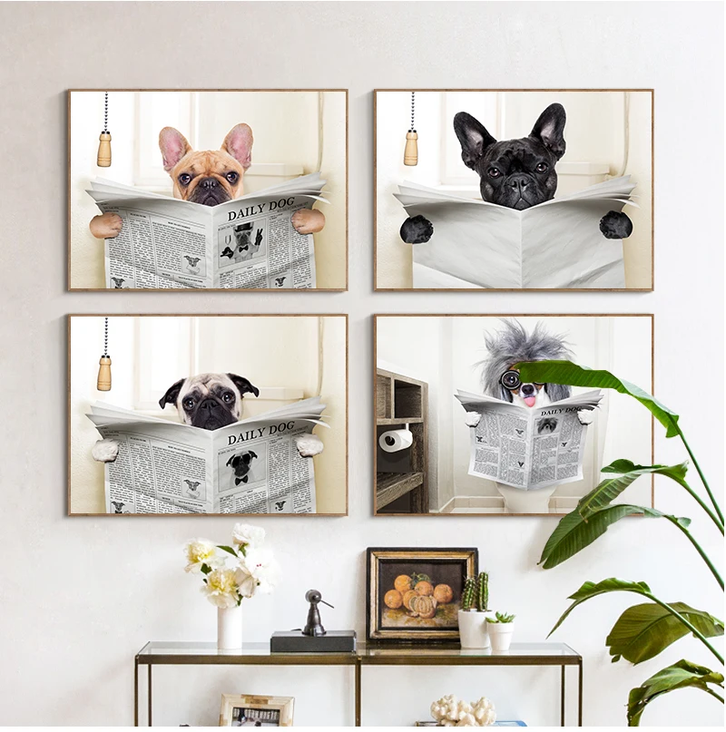 Dog Reading Newspaper Toilet Wall Art Canvas  Prints Funny Dog Painting Wall Picture Home Bathroom Decor Dogs Lover Gift