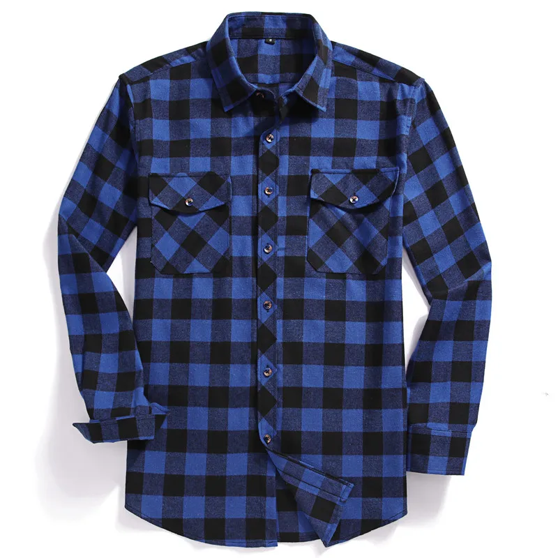 Men Casual Plaid Flannel Shirt Long-Sleeved Chest Two Pocket Design (USA SIZE S M L XL 2XL)