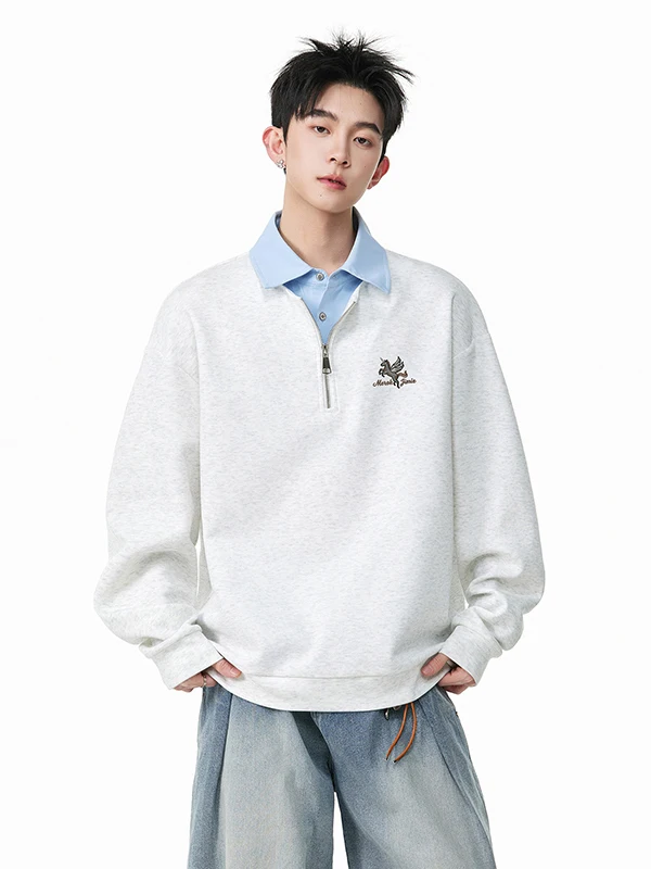

American Sle Casual Loose Men's irt with irt Collar Spring Heavy Embroidery Long Sve Sweatirt for Daily Wear