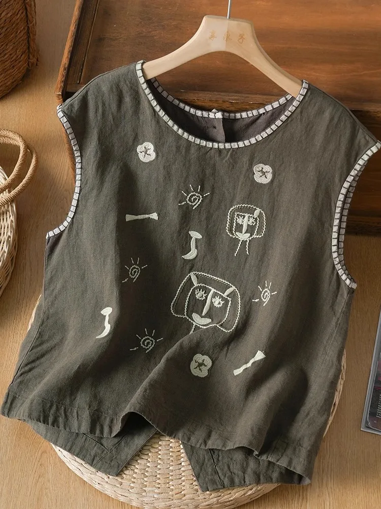Retro Cartoon Ricamo Gilet di lino da donna Svel Top Anti-età Irregolare oulder Pad Estate Nuovo Sle Pendolarismo Sle