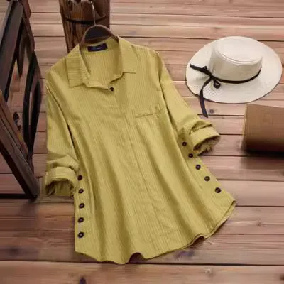 

Spring Summer Femme Shirt Long Sleeve Cotton Linen Blousers Fashion Striped Breathable Loose Casual Lapel Button-up Women Tops