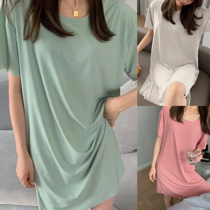 ผู้หญิงฤดูร้อนแขนสั้น O-คอเสื้อยืด Oversize สีทึบ Cooling A-Line ชุดนอนหลวม Loungewear Nightgown