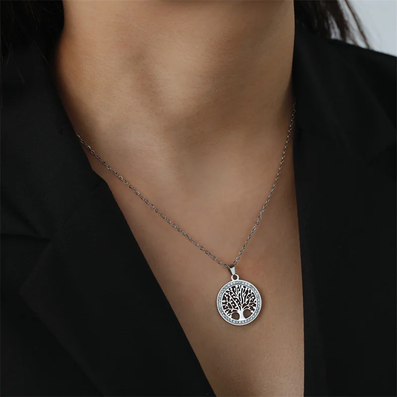 Trendy Stainless Steel Rhinestone Tree of Life Pendant Necklace For Women Charm Summer Clavicle Chain Jewelry Colgantes Cadena