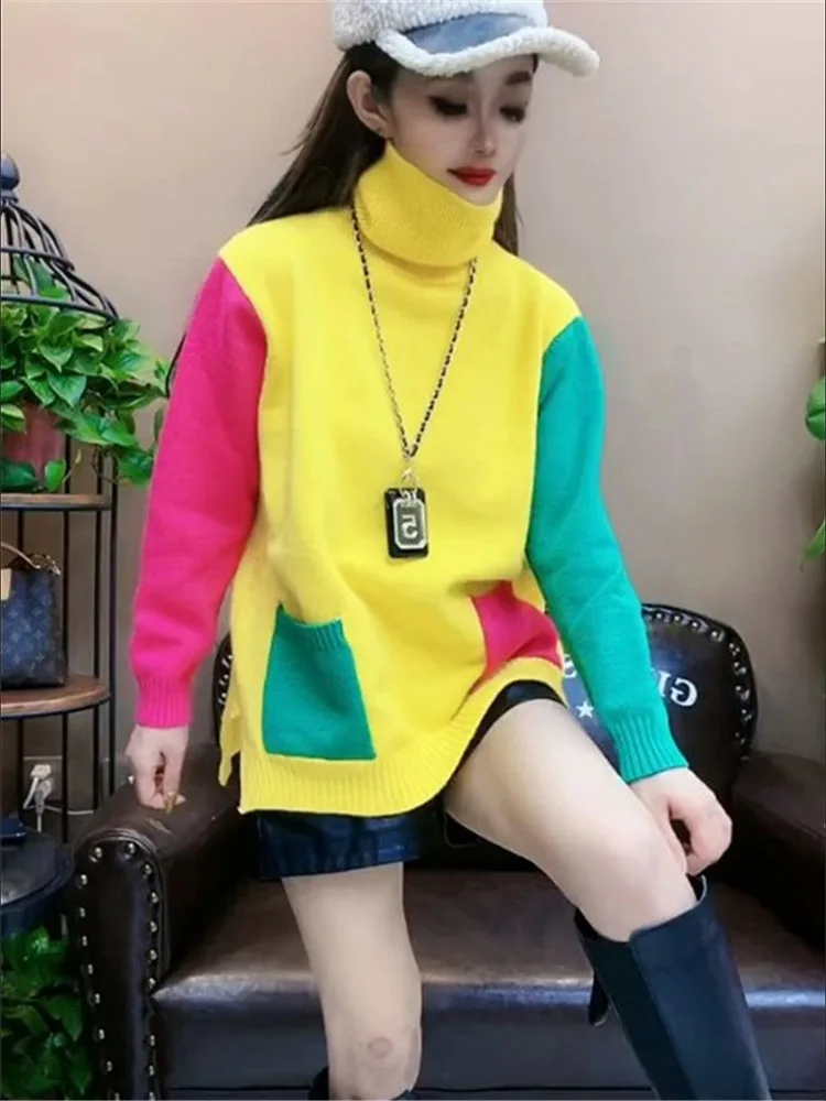 Cores casuais retalhos blusas de malha outono inverno gola alta roupas femininas commute bolsos elegantes coreano solto jumpers