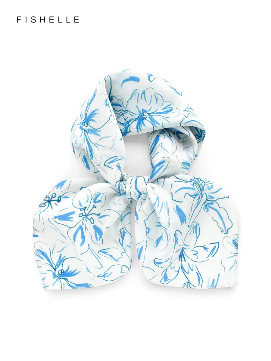 

Шелковый квадратный шарф, белые, синие цветы, крепдешин, 100% шелковый женский галстук, подарочная повязка на голову, шаль, носовой платок