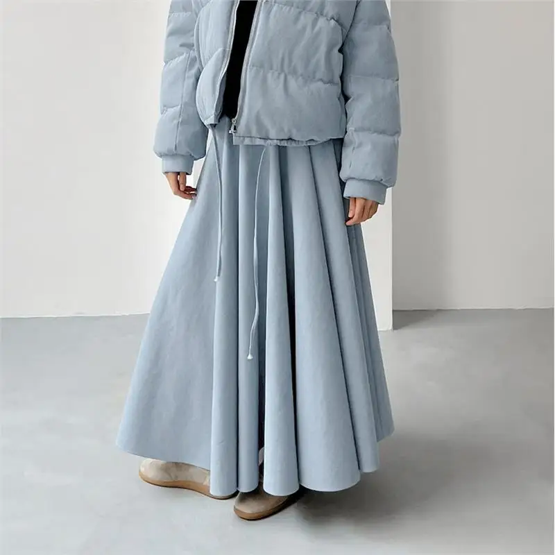 

Retro Ele Blue Cotton Lin Loose High Waist Ankle Length f Skirt Casual Faion mat Sle Autumn Winter Skirt