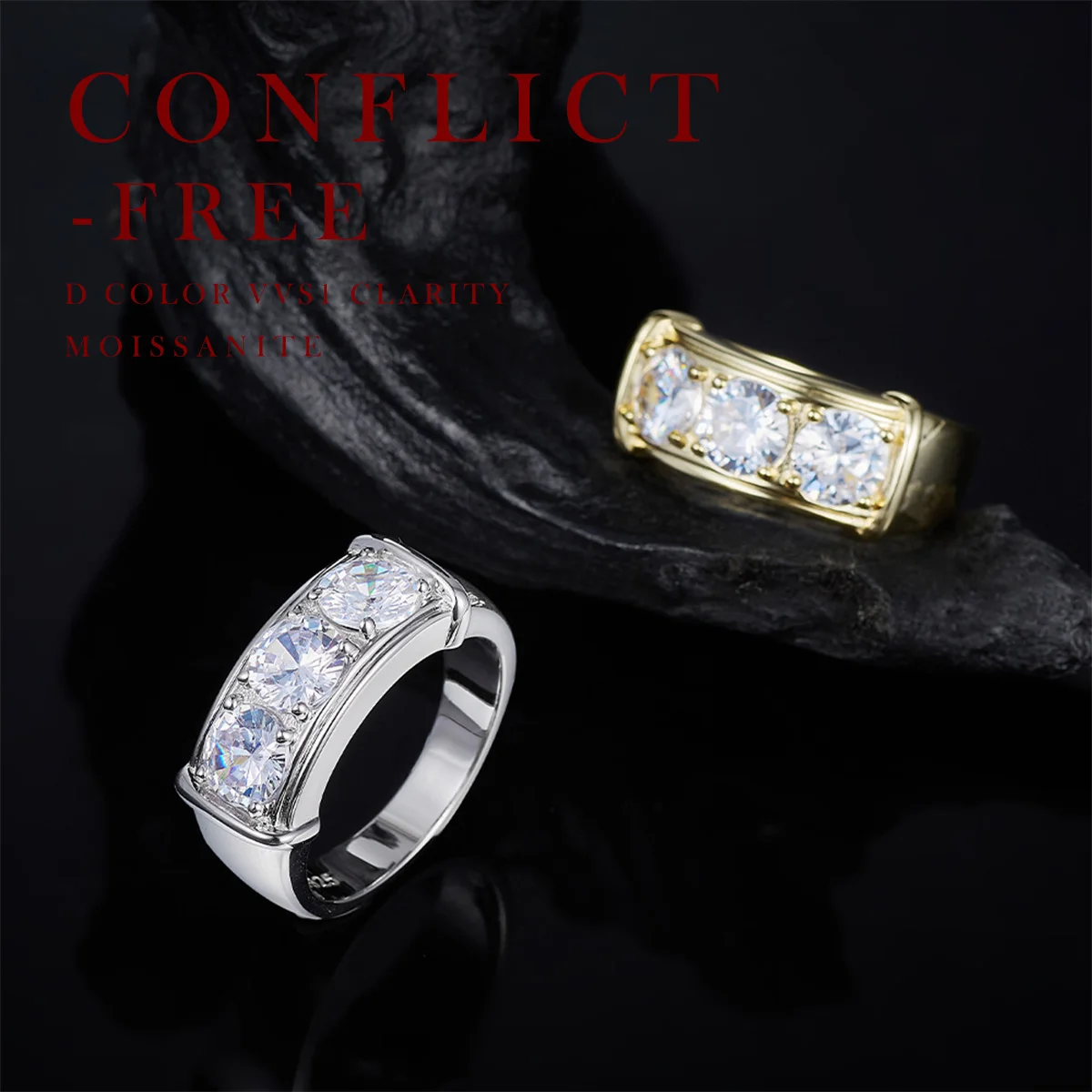 خاتم مويسانيتي ثلاثي الحجر من CTW مصنوع من الفضة الإسترليني عيار 925 ومطلي بالذهب عيار 18 قيراط وشريط كلاسيكي رائع يأتي مع شهادة GRA #5