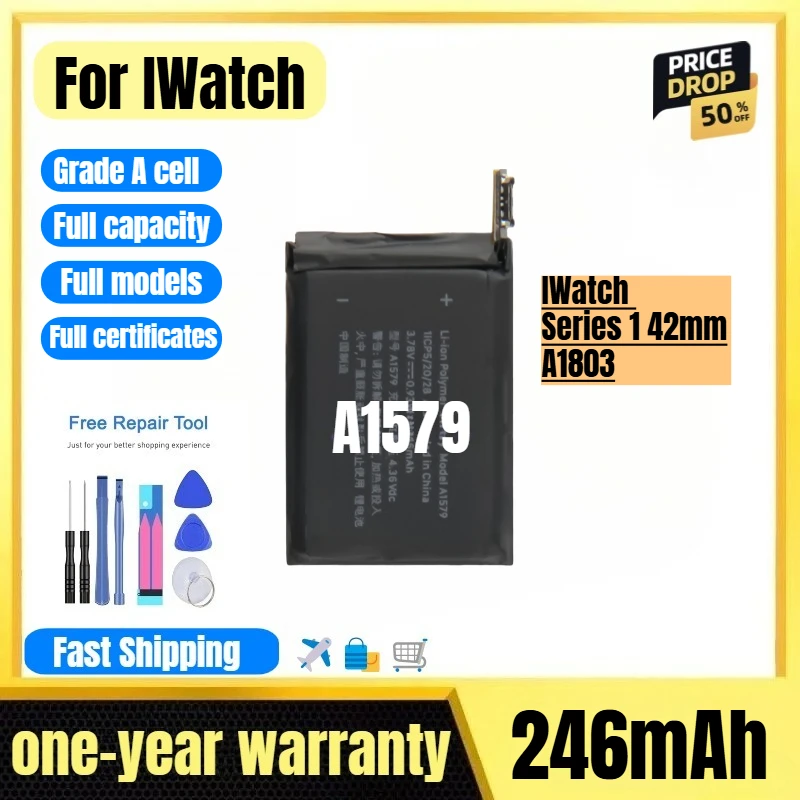 Batterie de remplacement A1579 pour Apple Watch Series 1 42mm A1803, haute qualité, haute capacité, cellule de grade A avec outil