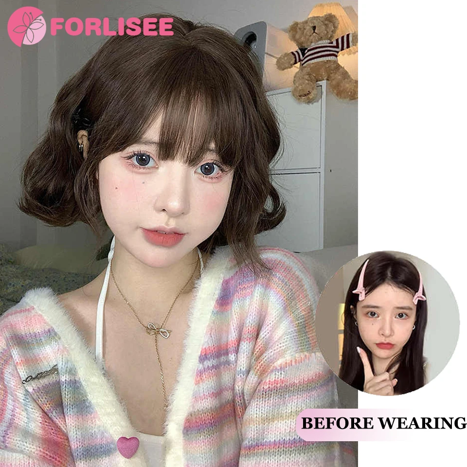 FORLISEE Cold Brown Short Curly Bob Synthetic Wigs with Bangs Lolita Cosplay Wigs for Women Daily Party Cosplay Heat Resistant