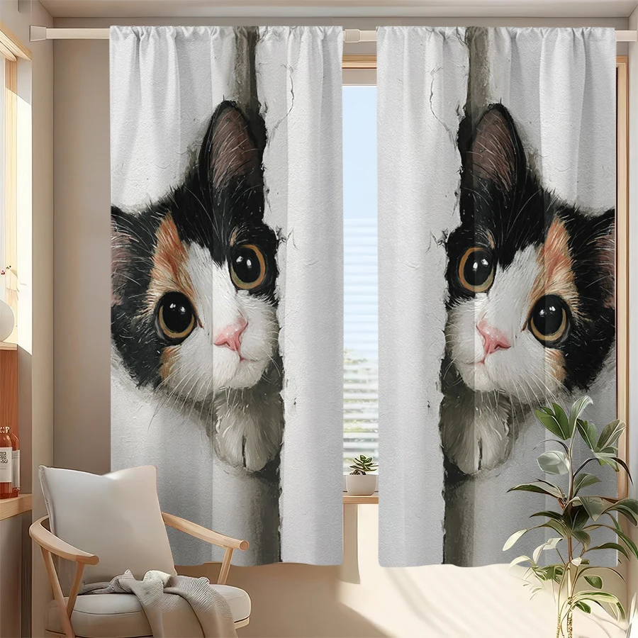 Cute cat peeping pattern Print Drapes Room Darkening Window Curtains for Home Decor,Rod Pocket Blackout Curtains Bedroom