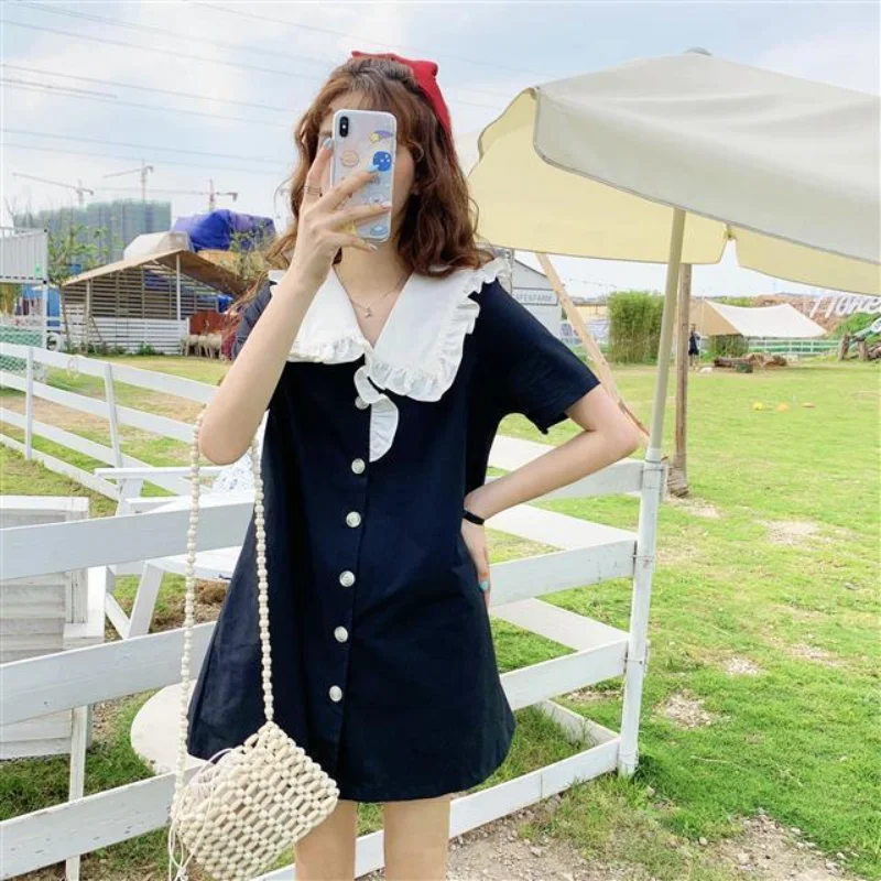 Sweet Contrast Patchwork Mini Dress Summer New Short Sleeve Solid Color Loose Button Elegant Dress Fashion Trend Women Clothing