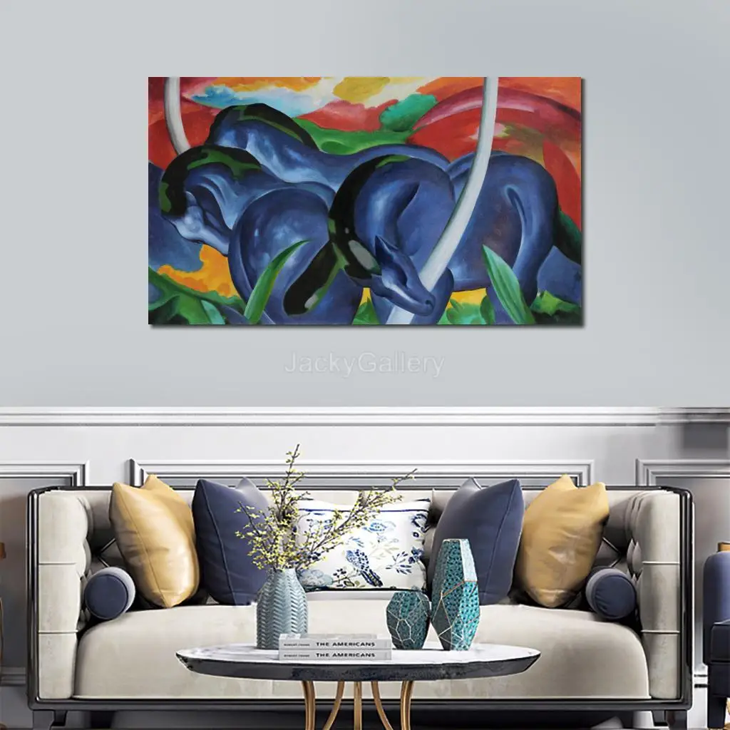 

Extra Large Painting in Oils Franz Marc Little Blue Horses Hand Painted Canvas Art Abstract for Bright Spaces Office Wall Decor