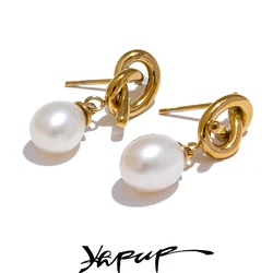 Yhpup Luxury Natural Freshwater Pearl Knot Drop Earrings Trendy Stainless Steel Exquisite High Quality Versatile Jewelry Gift