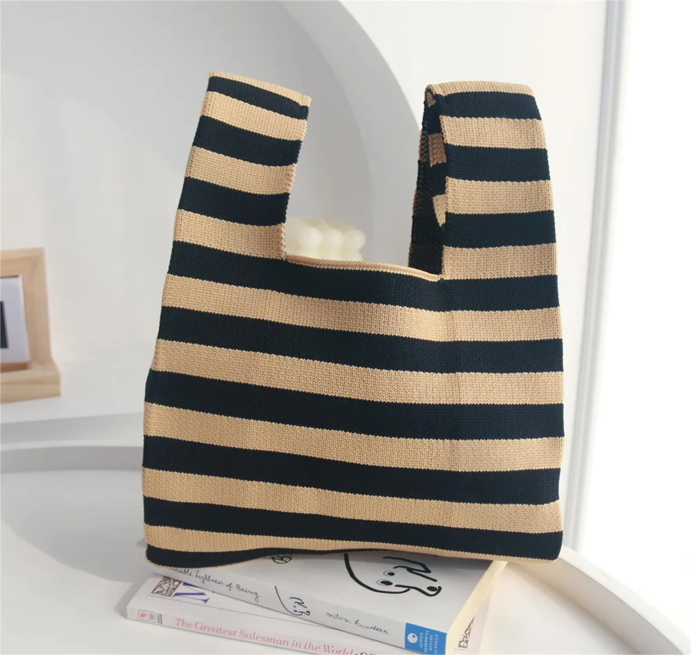 Original Design Stripes Knitted Bag Mini Knot Wrist Bag Japanese Casual Color Wide Stripe Tote Bag Handbag Phone Pouch Key Purse