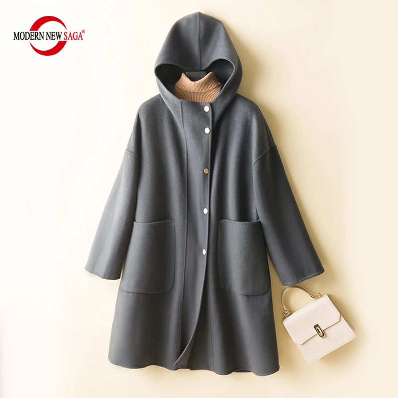 

MODERN NEW SAGA Women Wool Coat Hooded 100% Wool Autumn Wool Overcoat Female Winter Cashmere Coat Woolen Long Jacket Handmade