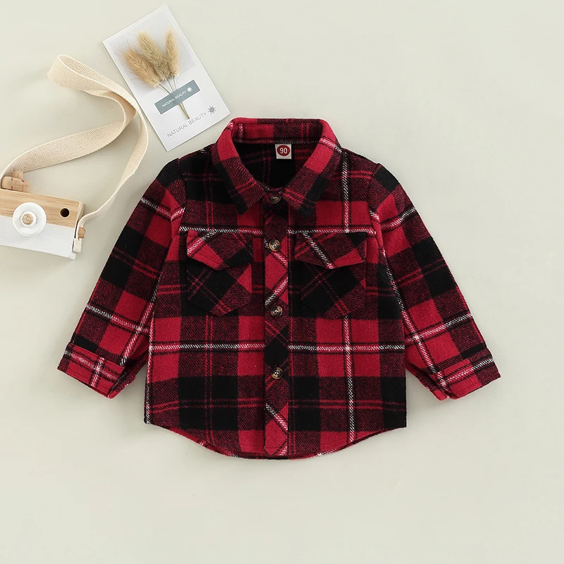 Autumn  Boys and Girls Colorful Plaid Shirt Jacket Casual Lapel Long Sleeve Button Cardigan Jacket with Chest Pocket Shirt Coat