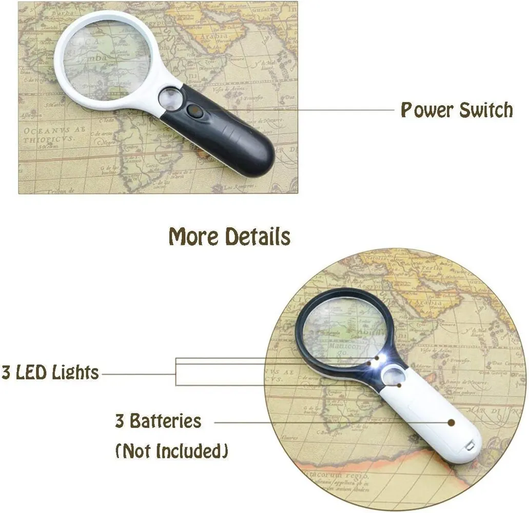 White Magnifying Glass Handheld 45X Magnifier With 3 LED Light For Reading Magnifying Glass Jewelry Loupe