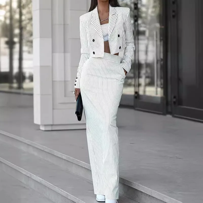Spring Summer 2024 New Striped Slim Fit Suit Women's Fashion Double Breasted Turn-down Collar Blazer High Waist Slit Skirt Suit