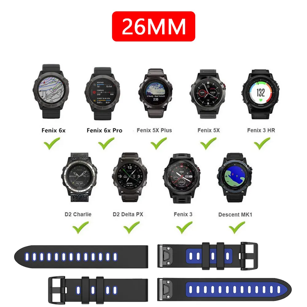 20mm 22mm 26mm Silicone WatchBand For Fenix 6 GPS /Fenix 6 PRO GPS/ Fenix 6 Sapphire GPS Band Smart Watch Strap Wristband