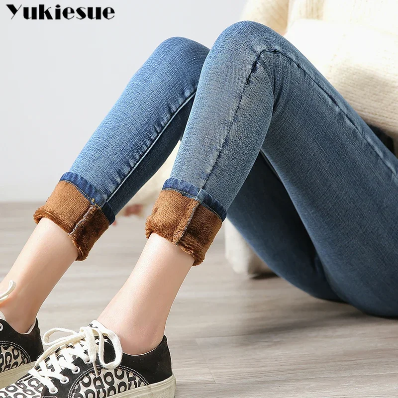 

Winter Thick Skinny Jeans Simple Fleece Warm Slim fit Stretch Ladies Casual Denim Pencil Pants female Velvet Women High Waist