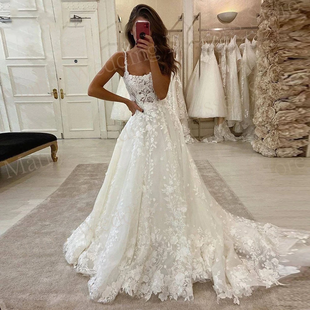 Elegant schön eine Linie Frauen Brautkleider klassische Applikationen Spitze Brautkleider Spaghetti träger ärmellose Roben de Mariée