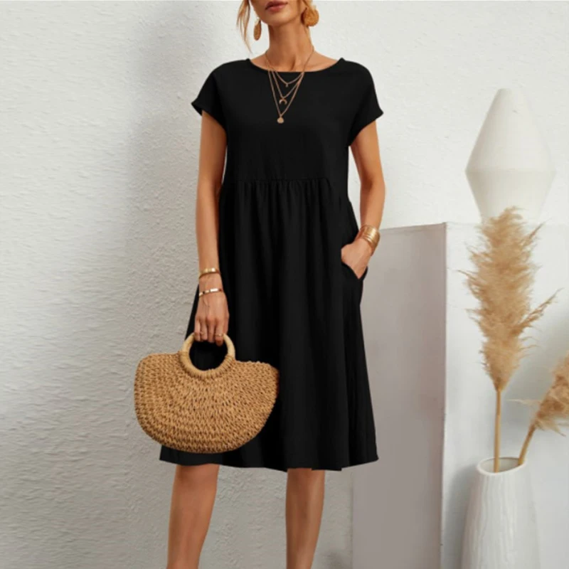 Summer Women's Cotton Linen Short Sleeve Dress Solid Color Soft Comfortable Round Neck Casual A-line Skirt Ladies Swing Dress