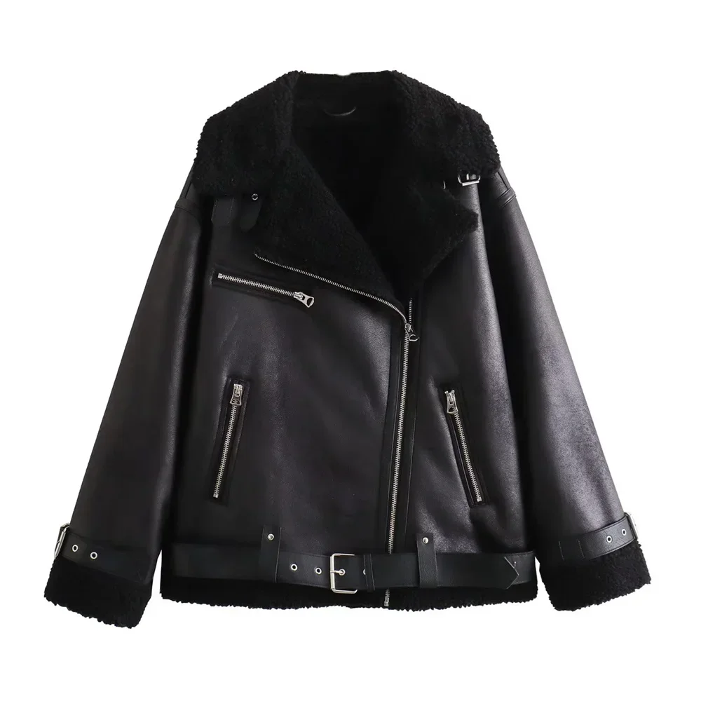 

Autumn/Winter New Women's Wear New Fashion Casual Loose Versatile Leather and Fur One Piece Jacket Coat