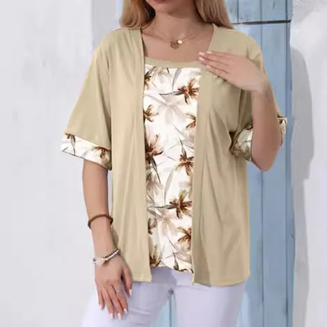 5XL Plus Size Women T Shirt Short Sleeve Retro Floral Print Fake Two Pieces Shirts Patchwork Summer Casual Square Collar Tee Top — zdjęcie 6