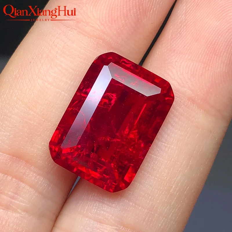 Lab Created Ruby Rectangle Octagon Shape Emerald Cut Red Color Loose Gem Stone with Minor Cracks And Inclusions GRC Certified