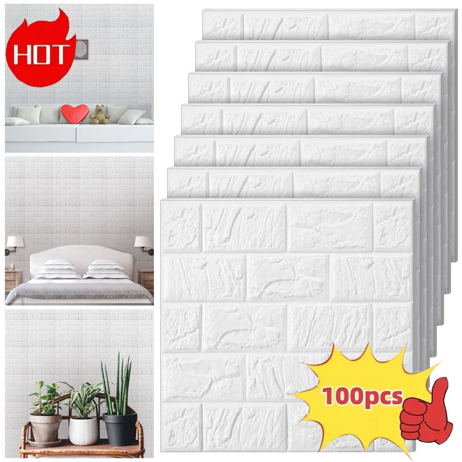 100 Uds. Paneles de pared 3D despegar y pegar, pegatina de papel tapiz de ladrillo sintético imprimible con espuma impermeable autoadhesiva para pared Interior