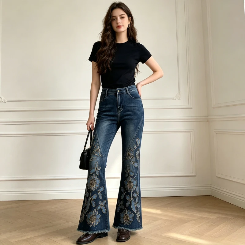

Bootcut Jeans Denim Pant Women Washed Distressed High Waist Work Casual Embriodery Trousers Floral Raw Edge Hot Drilling 2026