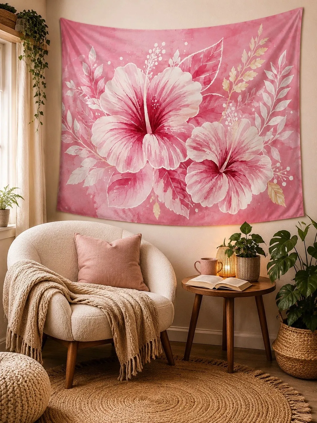 1pc Aesthetic Bedroom Wall Decor Tapestry, Polyester Pink Hibiscus Floral,For University Dormitories, Bedrooms, Living Rooms
