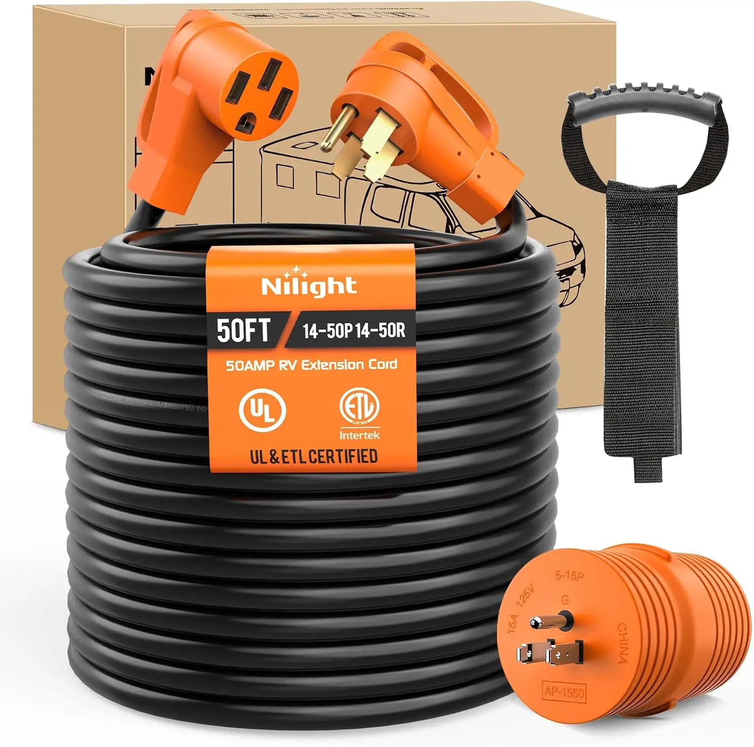 Nilight 50 Amp RV Extension Cord with Adapter 15Amp to 50Amp 250V Heavy Duty 6/3+8/1 Gauge Pure Copper STW Wire UL ETL Listed 4 Prong 14-50P 14-50R Weatherproof Suit for Generators Camper 15/25/50FT
