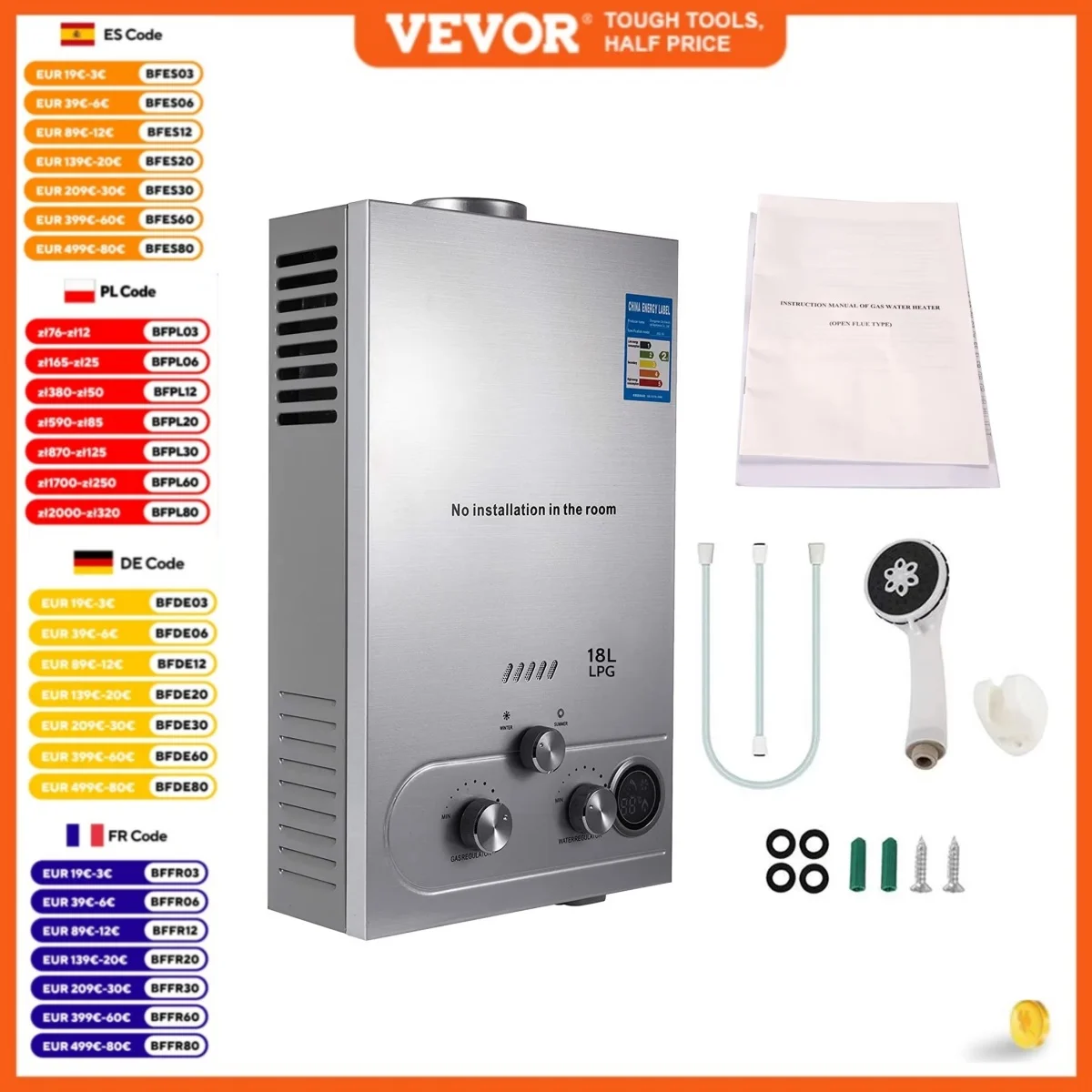 LPG 18L Water Heater 36KW Instant Liquefied Petroleum Gas Water Heater Stainless Steel Boiler Kit Portable