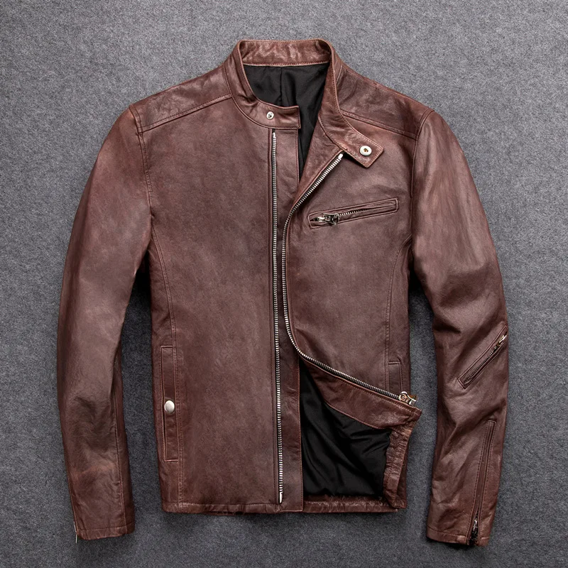 Vegetable Tanned Sheepskin Leather Jacket Men Women Japanese Korean Slim Fit Short Stand Collar Motorcycle Chaqueta Cuero Moto