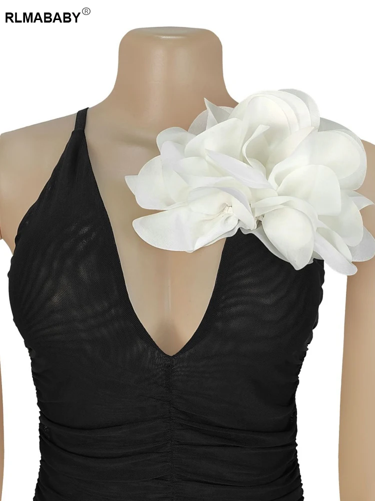 RLMABABY Abito lungo aderente da donna con applicazioni di fiori sexy con scollo a V e cinturino per spaghetti senza maniche, senza schienale, maxi abito da festa per club